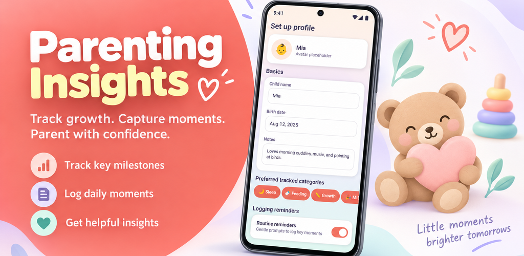 Parenting Insights app promotional artwork with a phone displaying the child profile screen