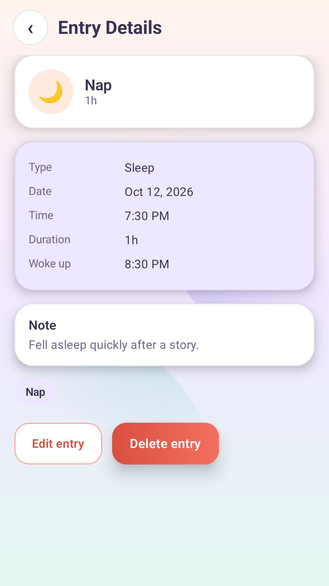 Detailed sleep entry with time and notes