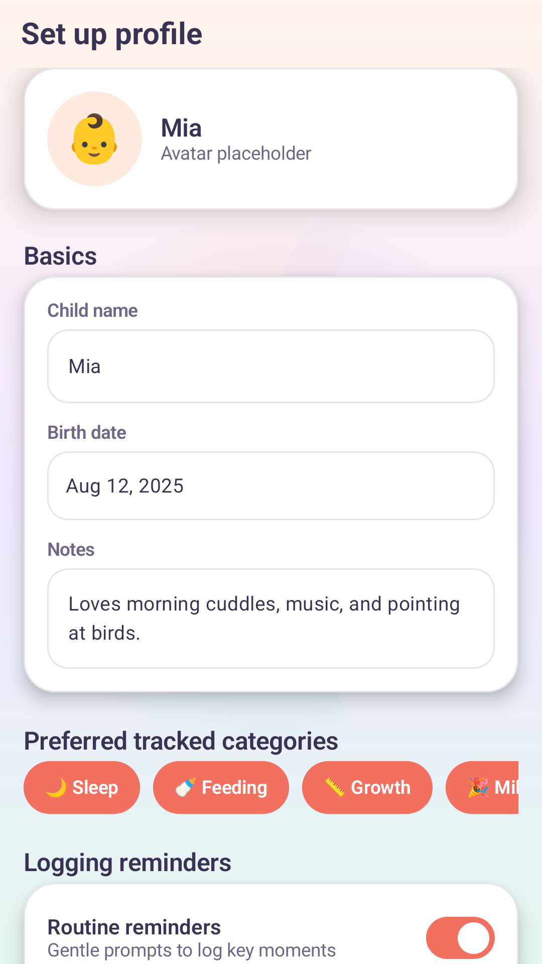 Parenting Insights child profile setup screen