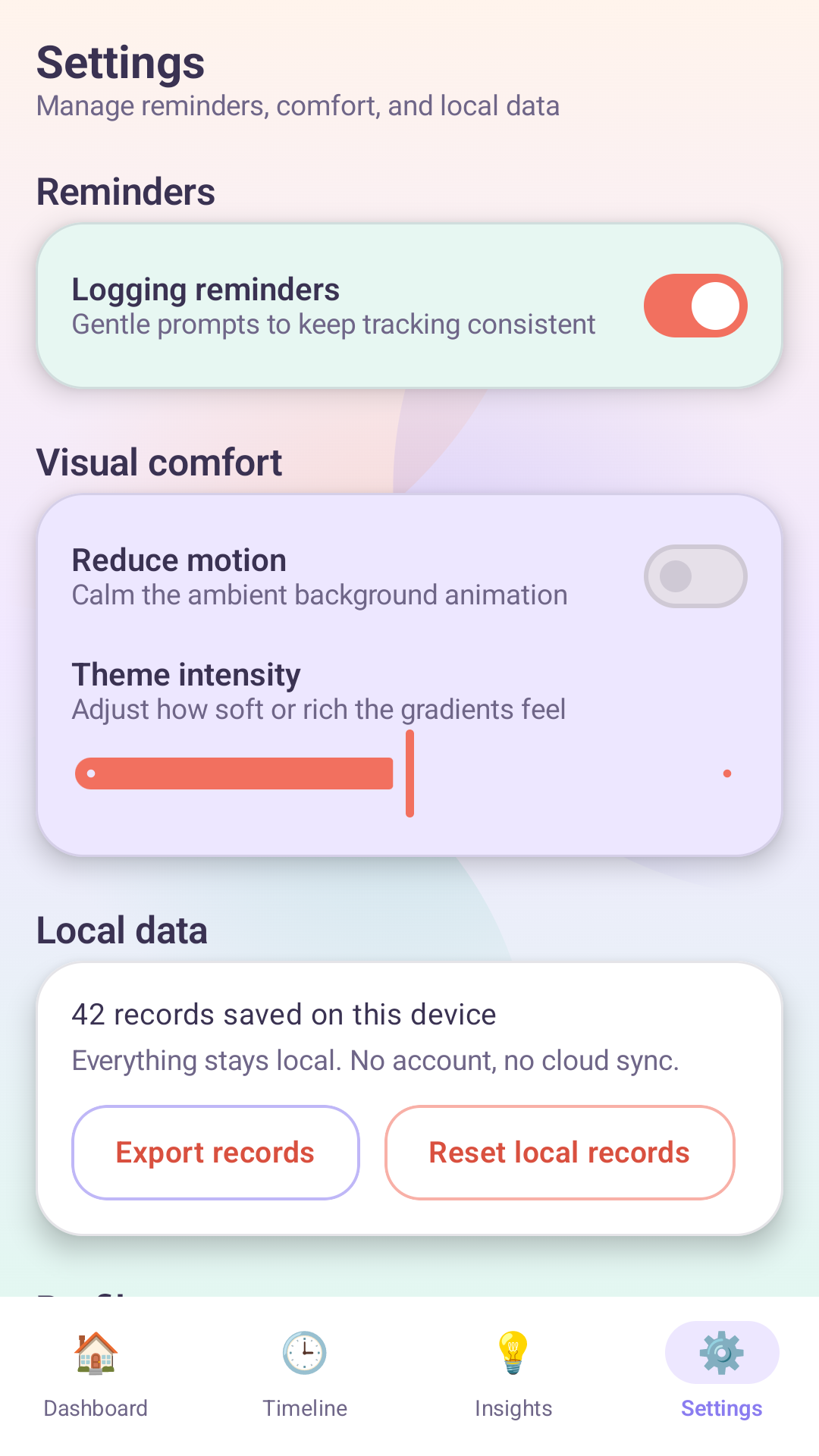 Settings for reminders and local data